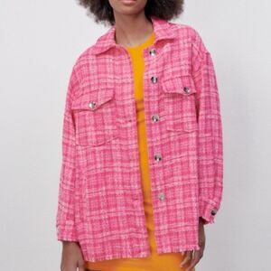 Zara Women Pink Tweed/Chevron Cotton Blend Long Shacket (Blazer/Top) sz X-Small